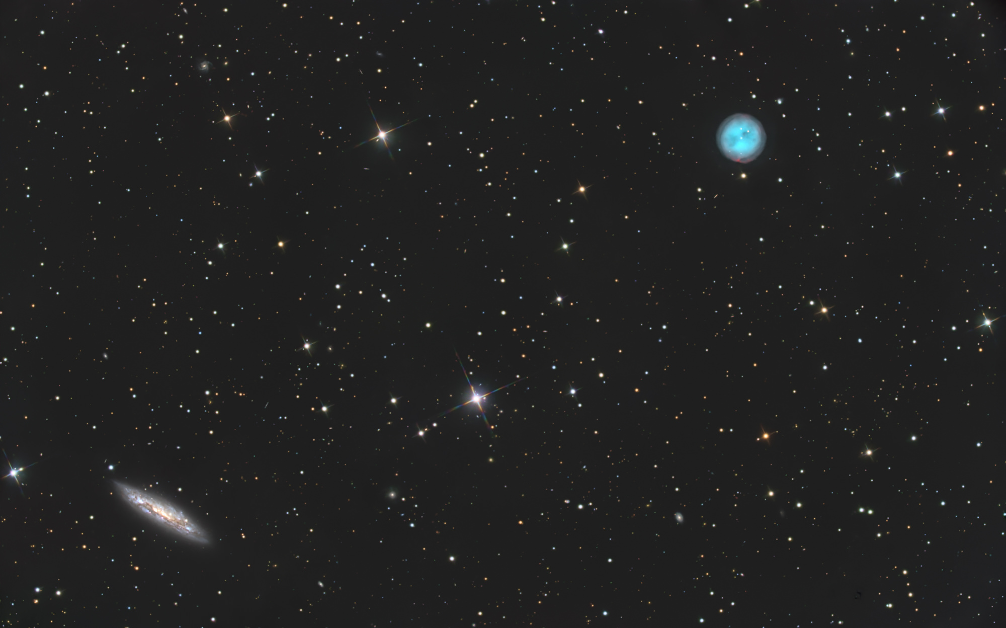 Top right: Planetary nebulae "Owl Nebula, Messier 97" and Botton left: "Surfboard Galaxy Messier 108"